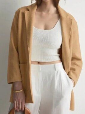 Quince Camel Open-Front Knit Blazer